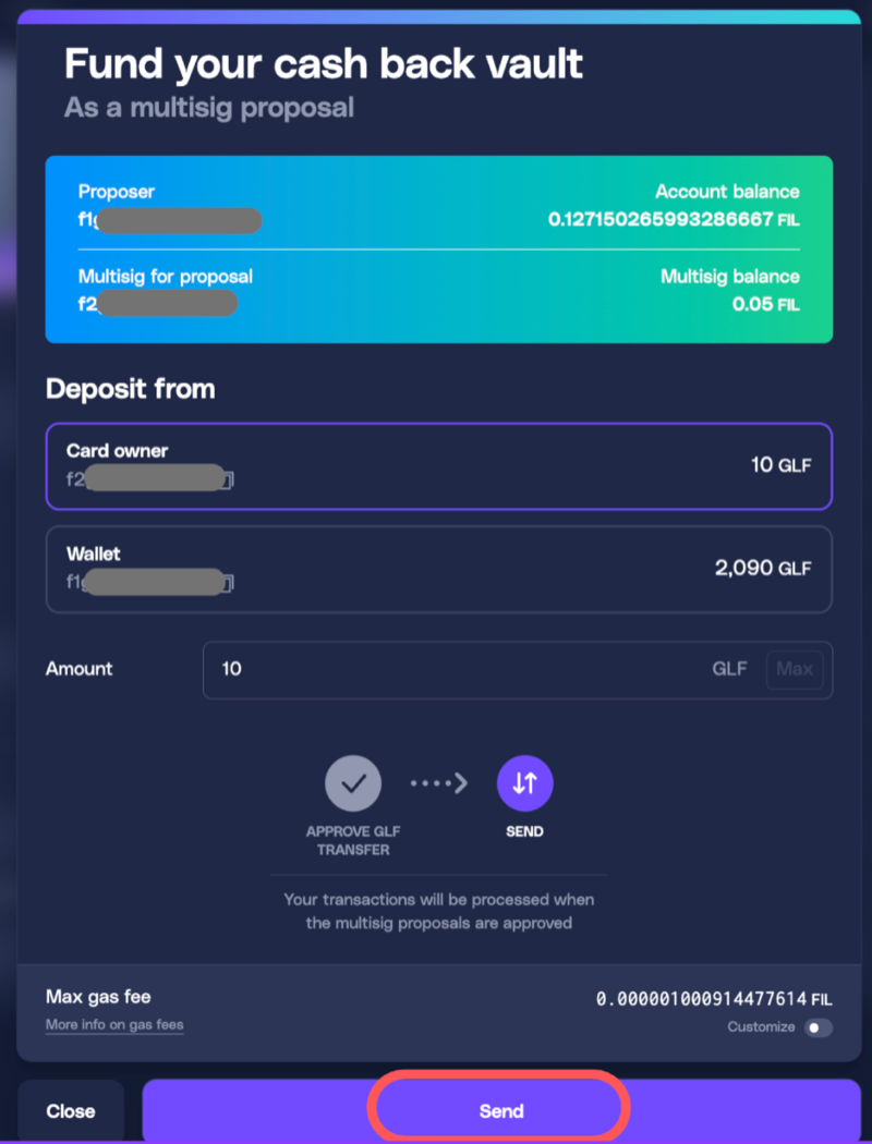 Send button to execute the fund transfer