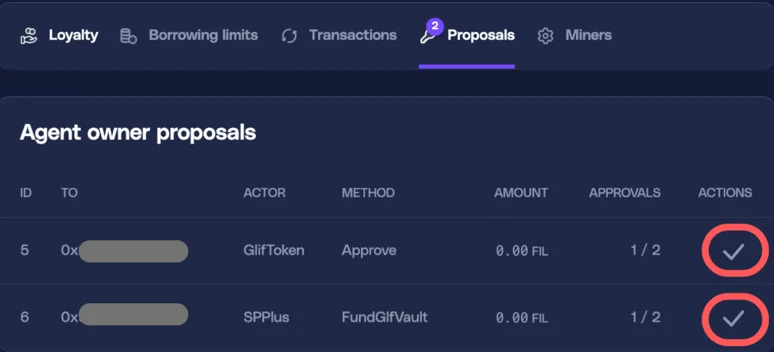 Proposals tab showing Approve and FundGlfVault proposals