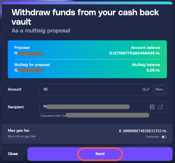Withdraw funds form with Send button