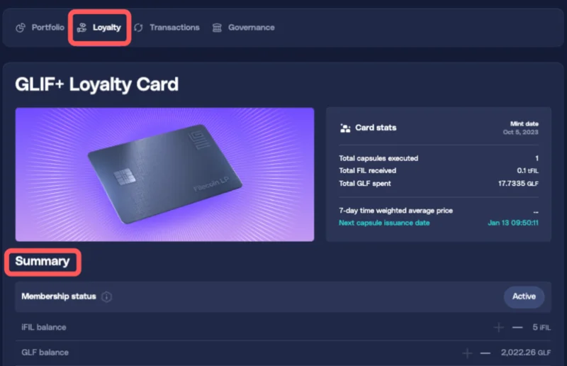 GLIF+ Loyalty Card summary section