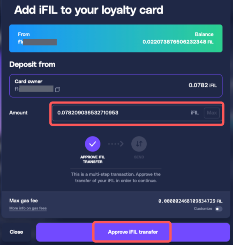 Add iFIL to your loyalty card dialog with Approve iFIL transfer button