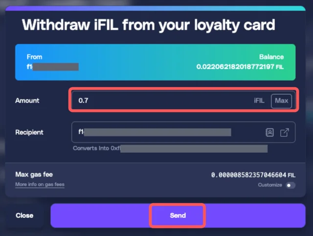 Withdraw iFIL from your loyalty card dialog with Send button