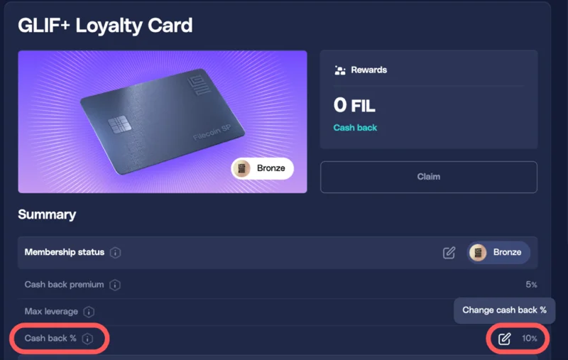 Card summary with Cash Back % column and pen icon