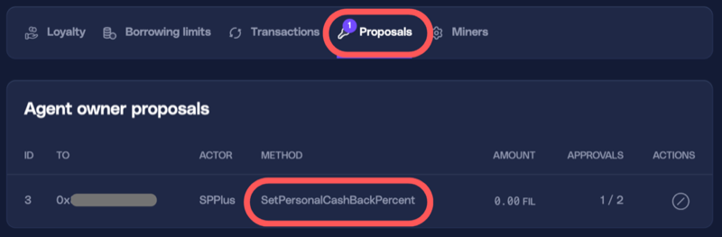 SetPersonalCashBackPercent proposal in Proposals tab