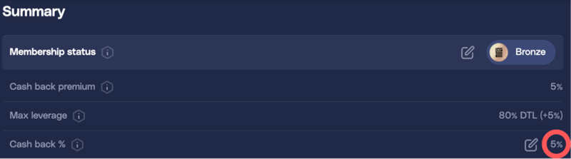 Updated cash back percentage in Summary