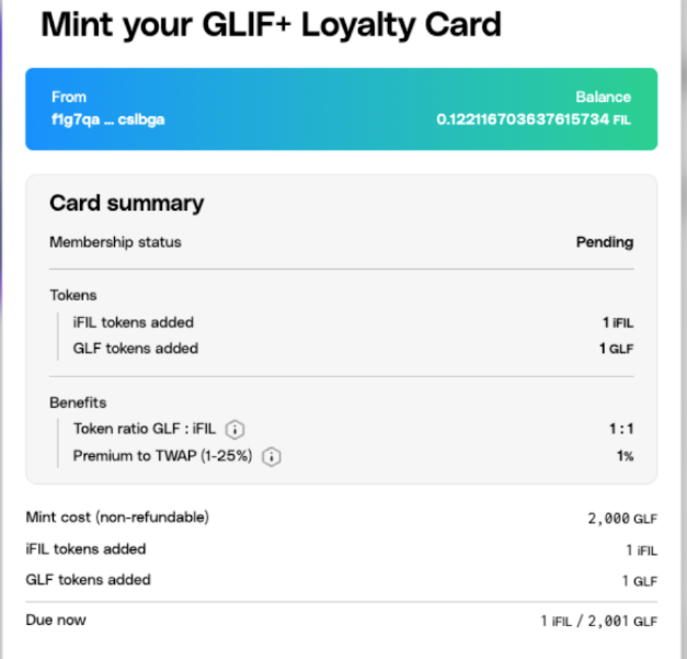 Card summary with membership status, tokens, and mint cost