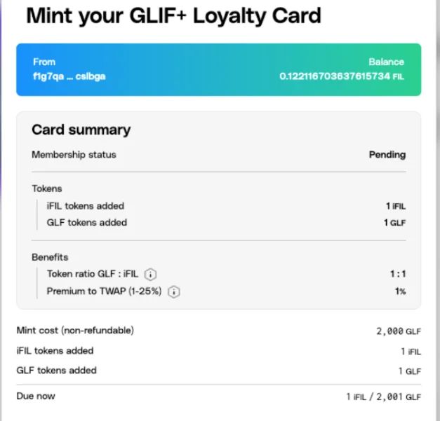 Card summary with membership status, tokens, and mint cost