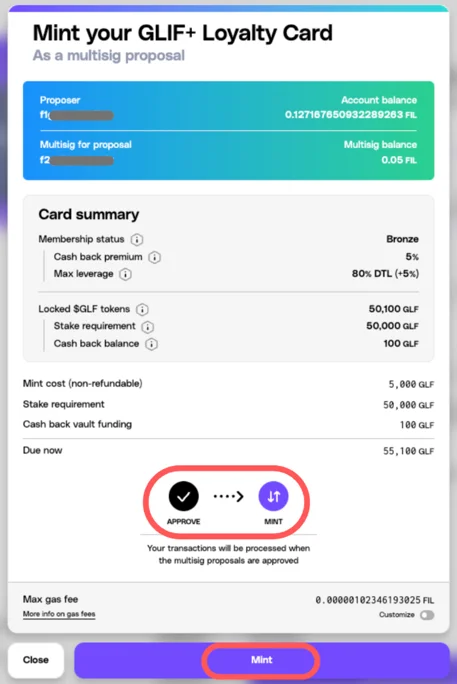 Mint and Activate button with cost summary