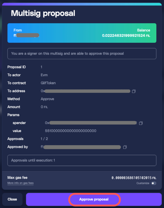 Proposals tab showing Approve and MintActivateAndFund proposals