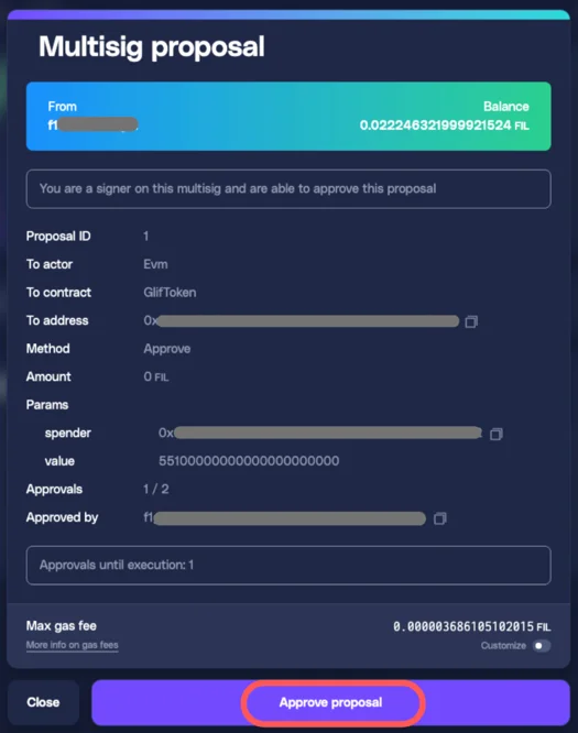 Proposals tab showing Approve and MintActivateAndFund proposals